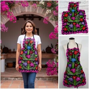 Mexican Embroidered Colorful Floral Zinacantan Artisan Apron with Pink Trim